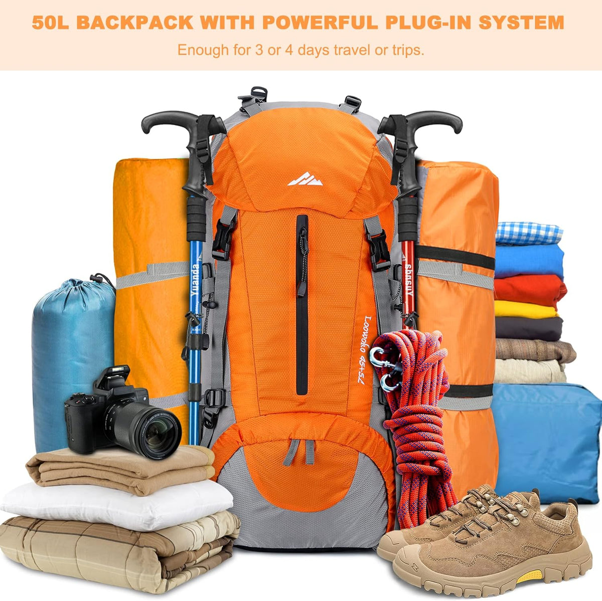 Loowoko 50L Hiking Backpack, Waterproof Camping Essentials Bag with Rain Cover, 45+5 Liter Lightweight Backpacking Back Pack - Roamly