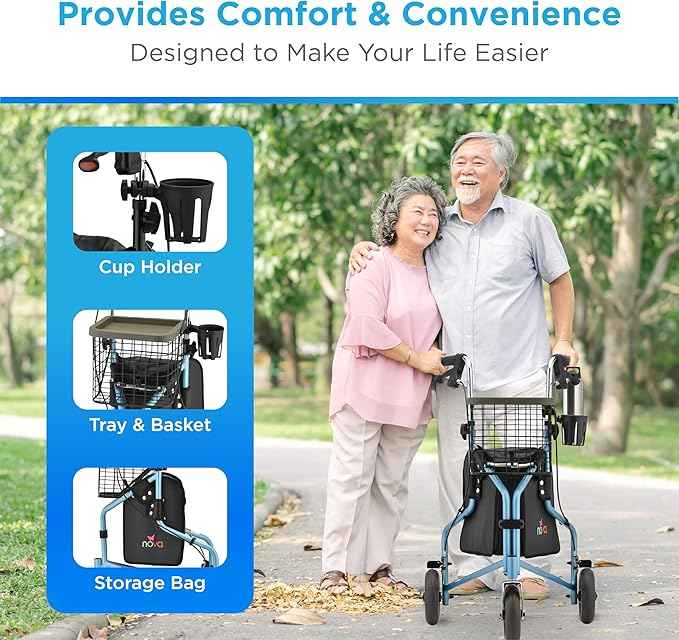 NOVA Traveler Folding 3-Wheel Walker with Tray, Basket, Pouch & Cup Holder, Lightweight Mobility Aid for Seniors & Adults, 8” All-Terrain Wheels for Tight Spaces & Travel, Sky Blue