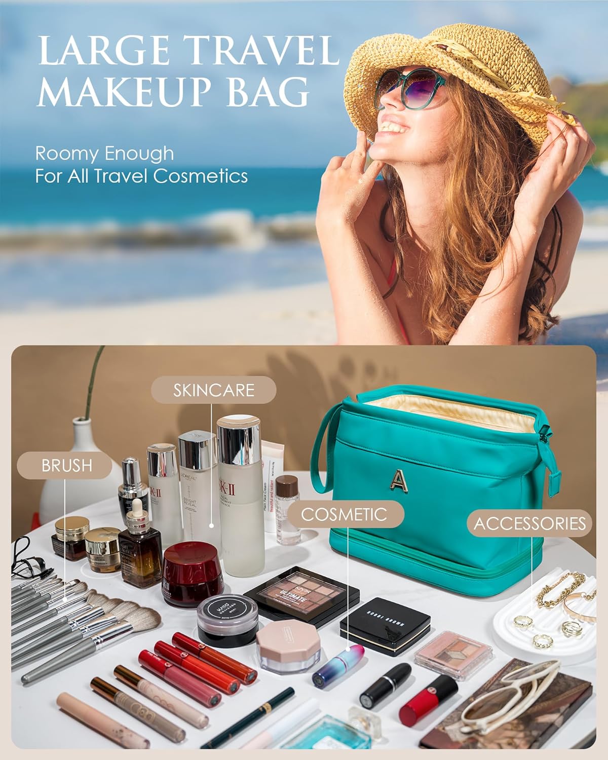 Granddaughter Birthday Gift for Her, Makeup Bags, Waterproof Double Layer Cosmetic Bag, Large Capacity PU Leather Makeup Bags Letter Travel Toiletry Bag, Initial Gifts for Coworkers