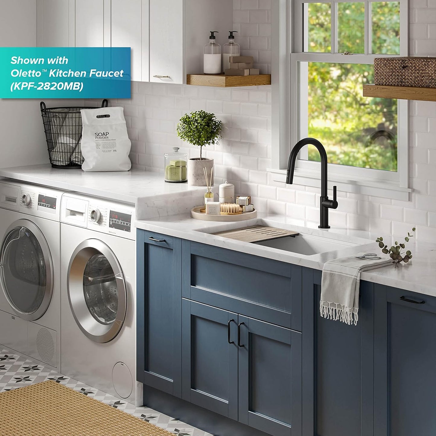 KRAUS Bellucci Workstation 32 in. Undermount Granite Composite Single Bowl Kitchen Sink in White with Accessories with WasteGuard™ Continuous Feed Garbage Disposal, KGUW1-33WH-100-75MB