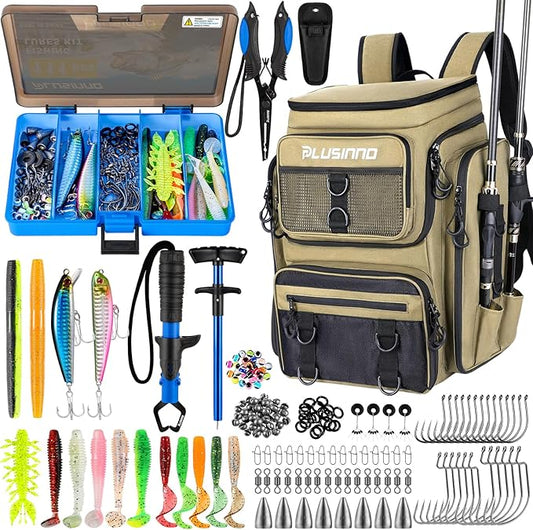 PLUSINNO Fishing Backpack with Rod Holders Tackle Box, 42L Large Water-resistant Fishing Tackle Bag Store Fishing Gear
