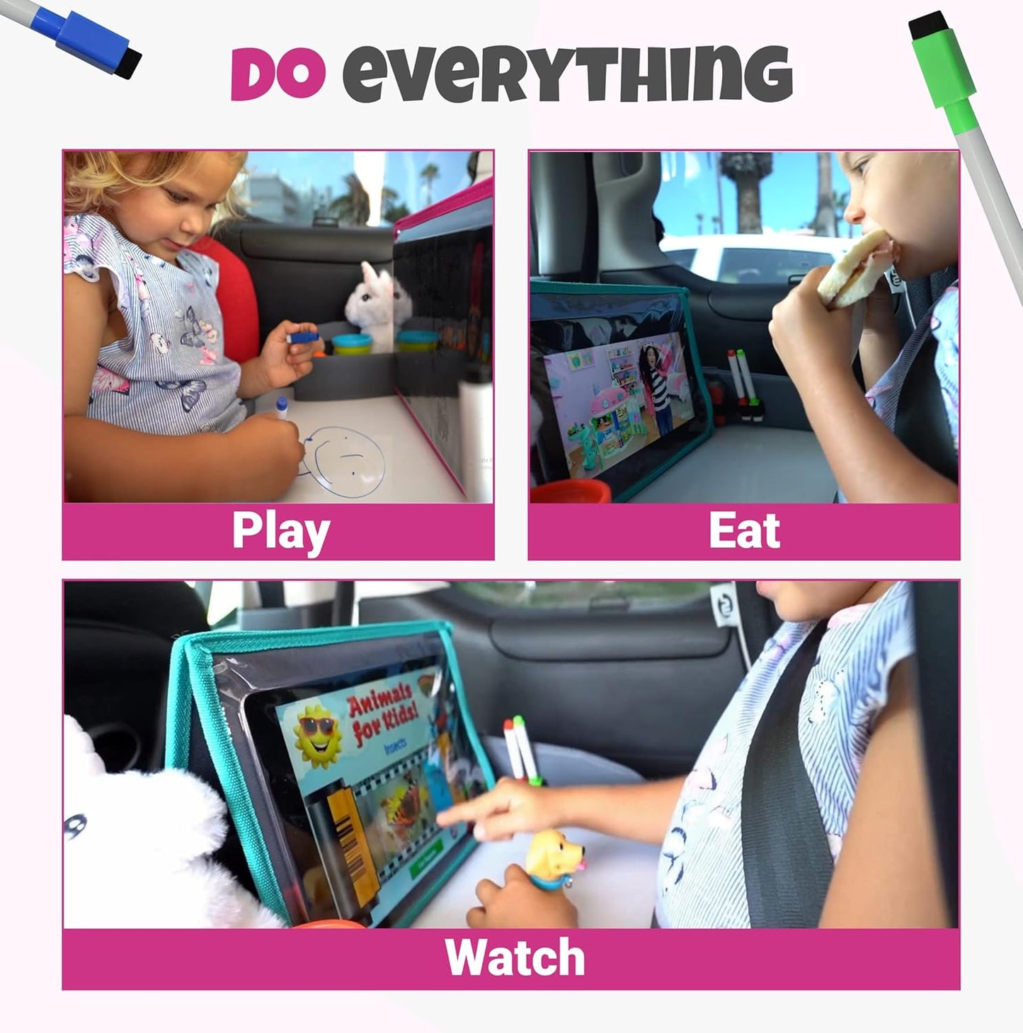 Kids Travel Tray with Dry Erase Board, Travel Tray for Kids Car Seat, Carseat Table Trays for Toddler, Kid Activity Desk for Air Travel, No-Drop Tablet Holder & Borders (Pink Frame)
