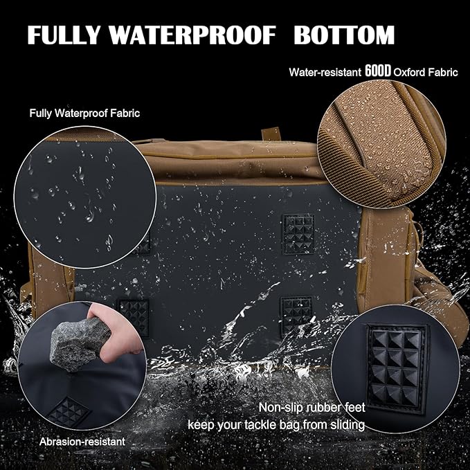 Goture Fishing Tackle Bag with 4pcs 3600 Tackle Boxes, 600D Water-Resistant Soft Side Saltwater Gear Storage Fishing Bag with Rod Straps, Detachable Water Bottle Pouch, Waterproof Bottom, SBS Zippers