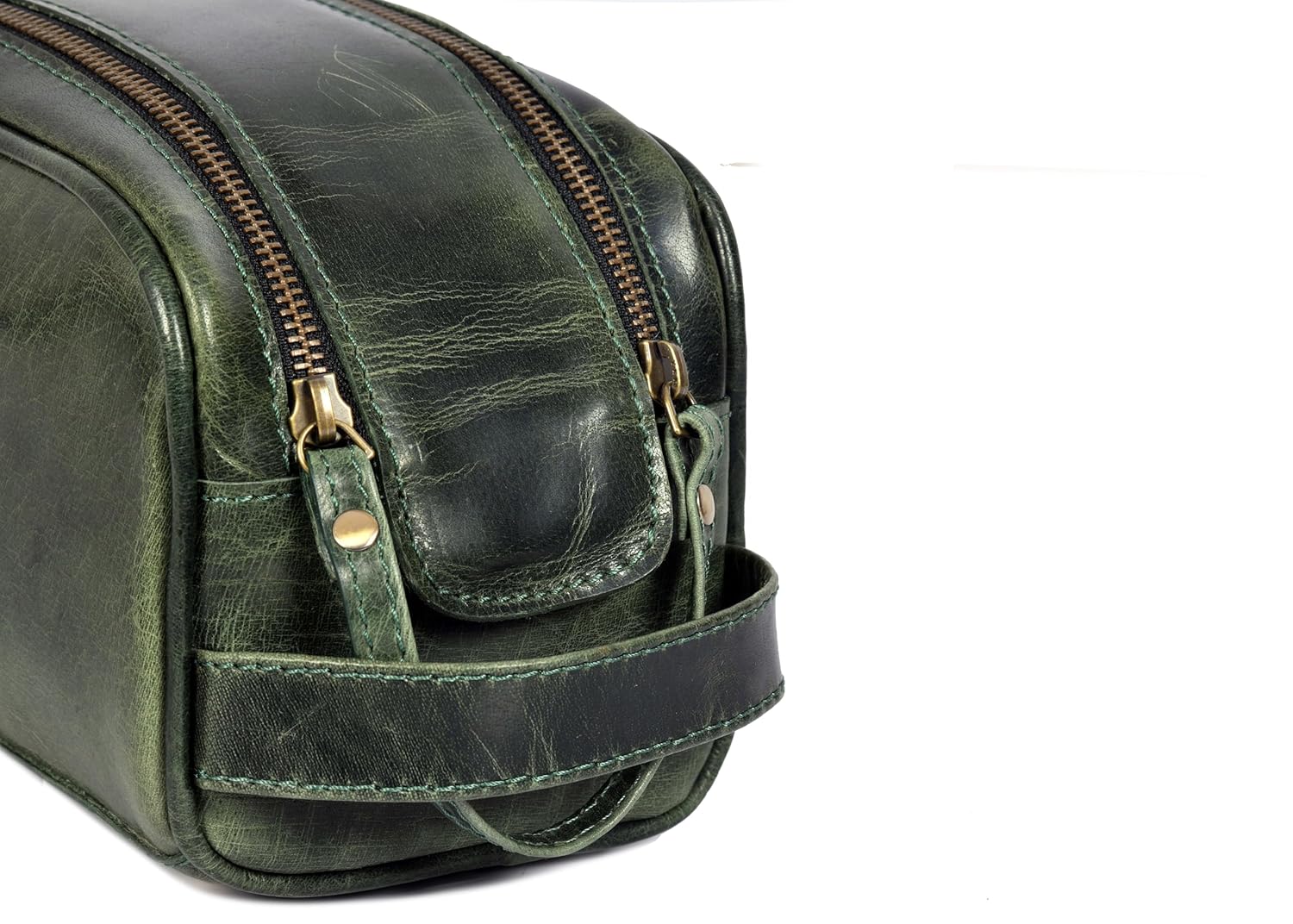 10" Premium Leather Toiletry Travel Pouch With Waterproof Lining | King-Size Handcrafted Vintage Dopp kit By Aaron Leather Goods (Seaweed Green) - Roamly