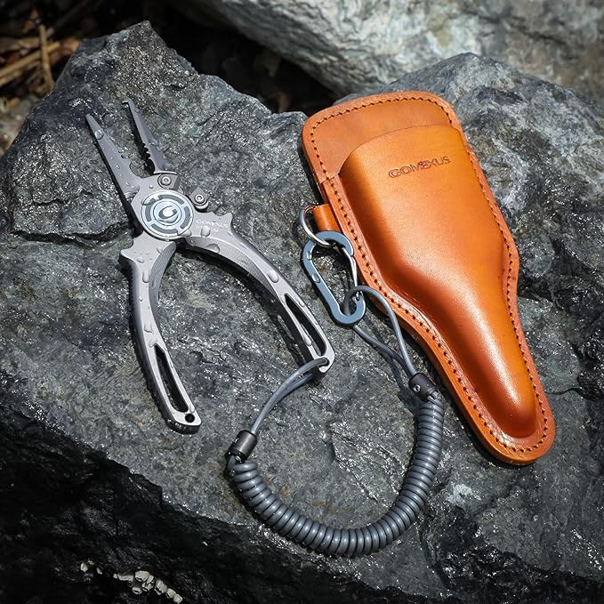 GOMEXUS Titanium Fishing Pliers 7'' with Side Cutters, Lanyard & Leather Sheath, Never Rust Hook Remover, Saltwater Resistant, Inshore & Nearshore Fishing (Split Ring Nose, 7 INCHES)