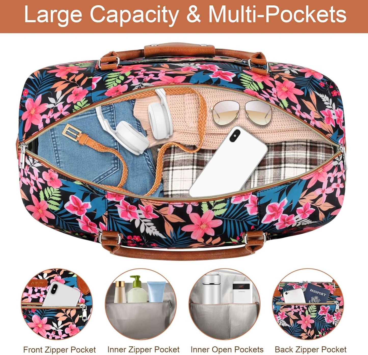 Weekender Bag for Women, Travel Duffel Bag Carry On Overnight Bag with Shoe Compartment Large Nylon Travel Weekend Tote Bag - Roamly