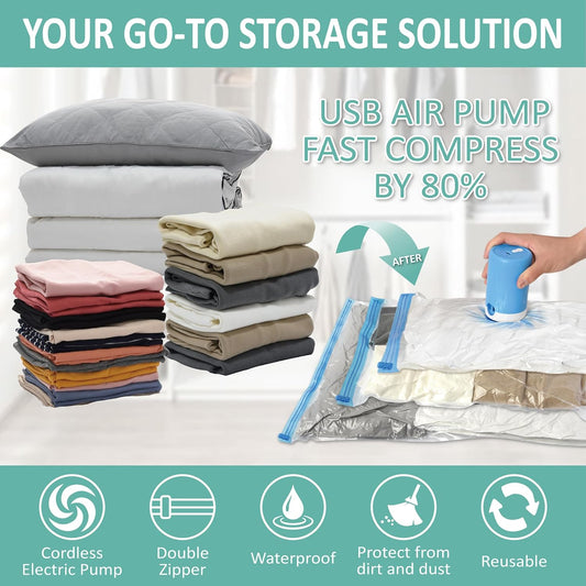 Travel Vacuum Bags with Electric Pump, 8 Pack Vacuum Travel Bags for Luggage and Suitcase, Vacuum Seal Space Saver Compression for Clothes Clothing