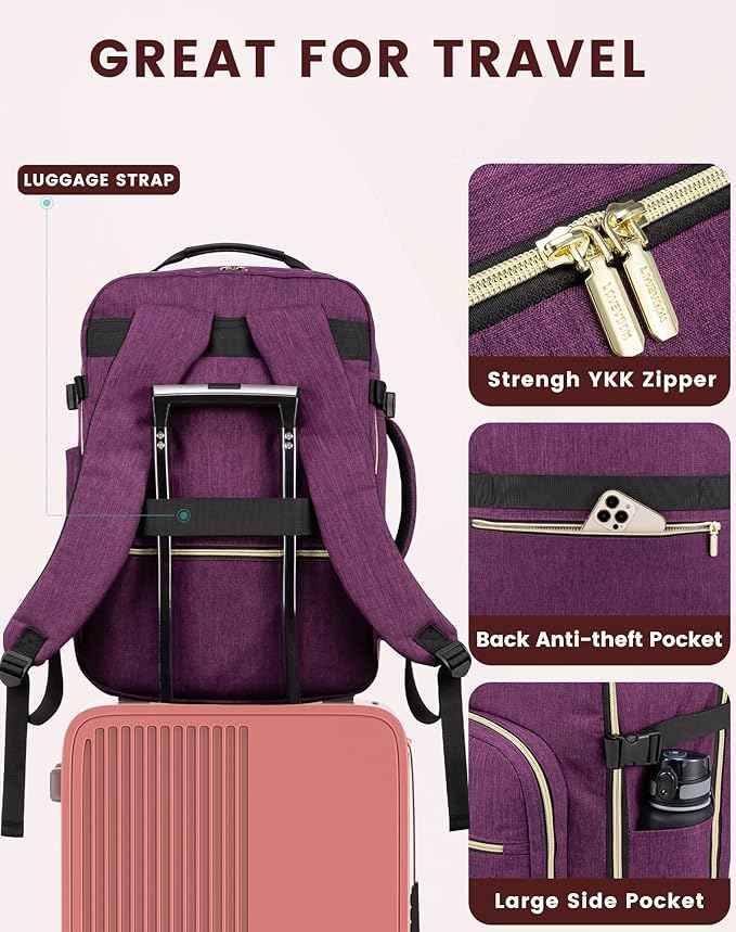 LOVEVOOK Travel Backpack for Women & Men 50L,Airline Approved Carry On Backpack Travel Essential,TSA Carry on Luggage,Waterproof Personal Item Travel Bag,Suitcase with 3 Packing Cube,Dark purple-Black