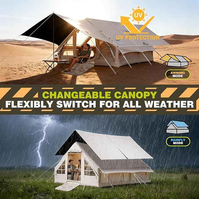 Inflatable Camping Tents 8-10 Person,129 Square Feets Large Inflatable Camping Tent with Stove Jack,Blow up Tent with Mesh Windows & Pump