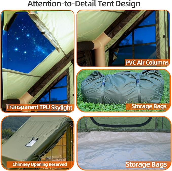 Inflatable Camping Tent, Glamping Blow Up Tent with Hand Pump for All-Season, 3 Mins Easy Setup, Waterproof Tens with Mesh Window for 4-6 Person, Suit for Family, Friend, Camp, Outdoor Gathering