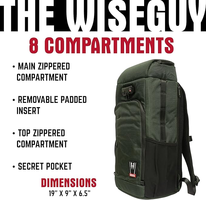 DIME BAGS Scent Sealing Backpack with Combo Lock, Carbon-Lined to Seal Odors, Removable Padded Insert, 8 Compartments, Durable Travel Bag for Glass & Gear Protection, Wiseguy (Green)
