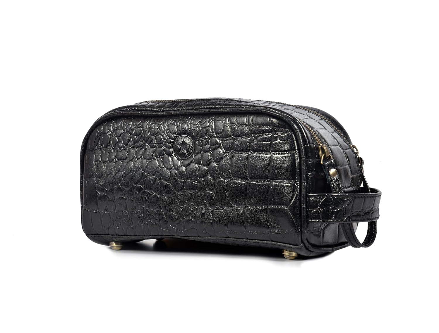 10" Premium Leather Toiletry Travel Pouch With Waterproof Lining | King-Size Handcrafted Vintage Dopp kit By Aaron Leather Goods (Grease Black) - Roamly