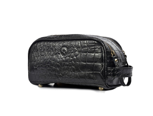 10" Premium Leather Toiletry Travel Pouch With Waterproof Lining | King-Size Handcrafted Vintage Dopp kit By Aaron Leather Goods (Grease Black) - Roamly