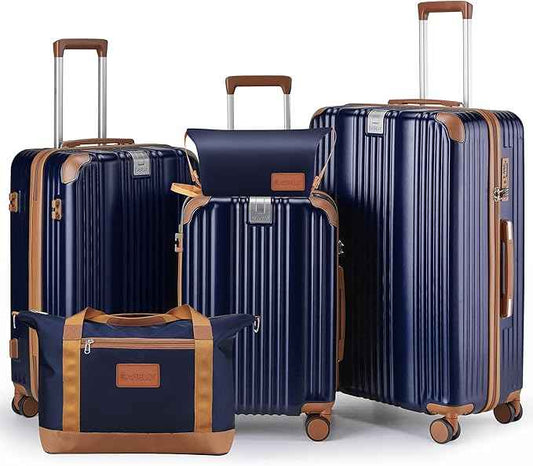 Luggage Set 3 Piece with Cup Holder,Hardshell TSA Lock Spinner Wheels Carry on Lightweight Suitcase，Hook and YKK Zippers for Valentine Gifts (Navy, 5 piece sets(20/24/28/DB/TB))