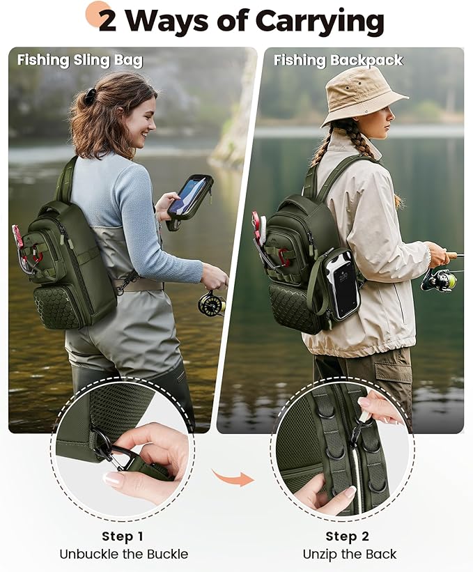 MATEIN Fishing Sling Bag with Lure Rod Holder & Phone Pouch, Waterproof 3600 Tackle box Backpack with Removable Bait Binder