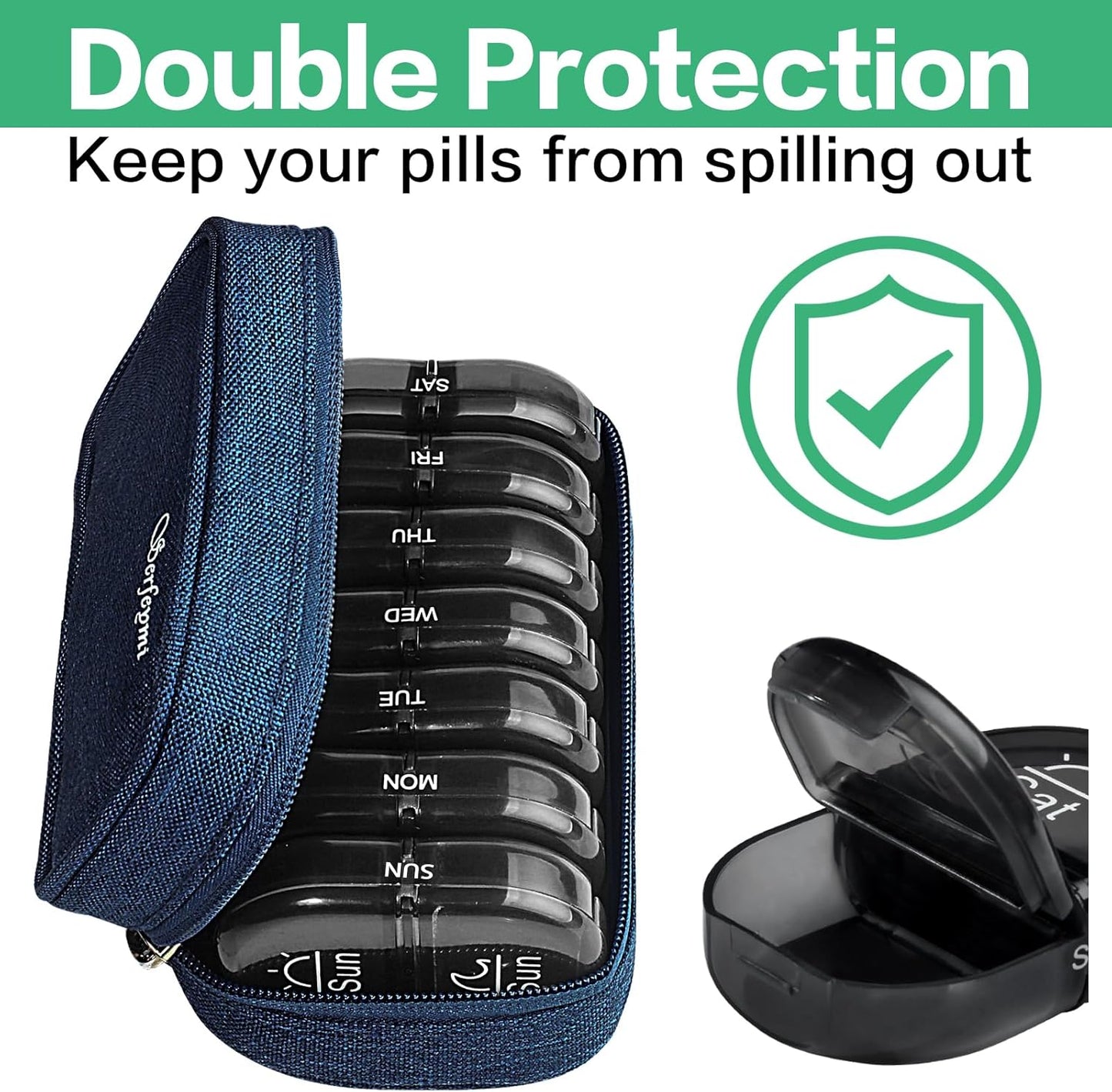 Serfeymi Weekly Travel Pill Organizer 2 Times A Day AM PM Upgraded Black Pill Box 7 Day with Portable Zipper Canvas Pill Case, Medicine Organizer for Pills, Vitamins, Supplements, Fish Oils - Blue 01