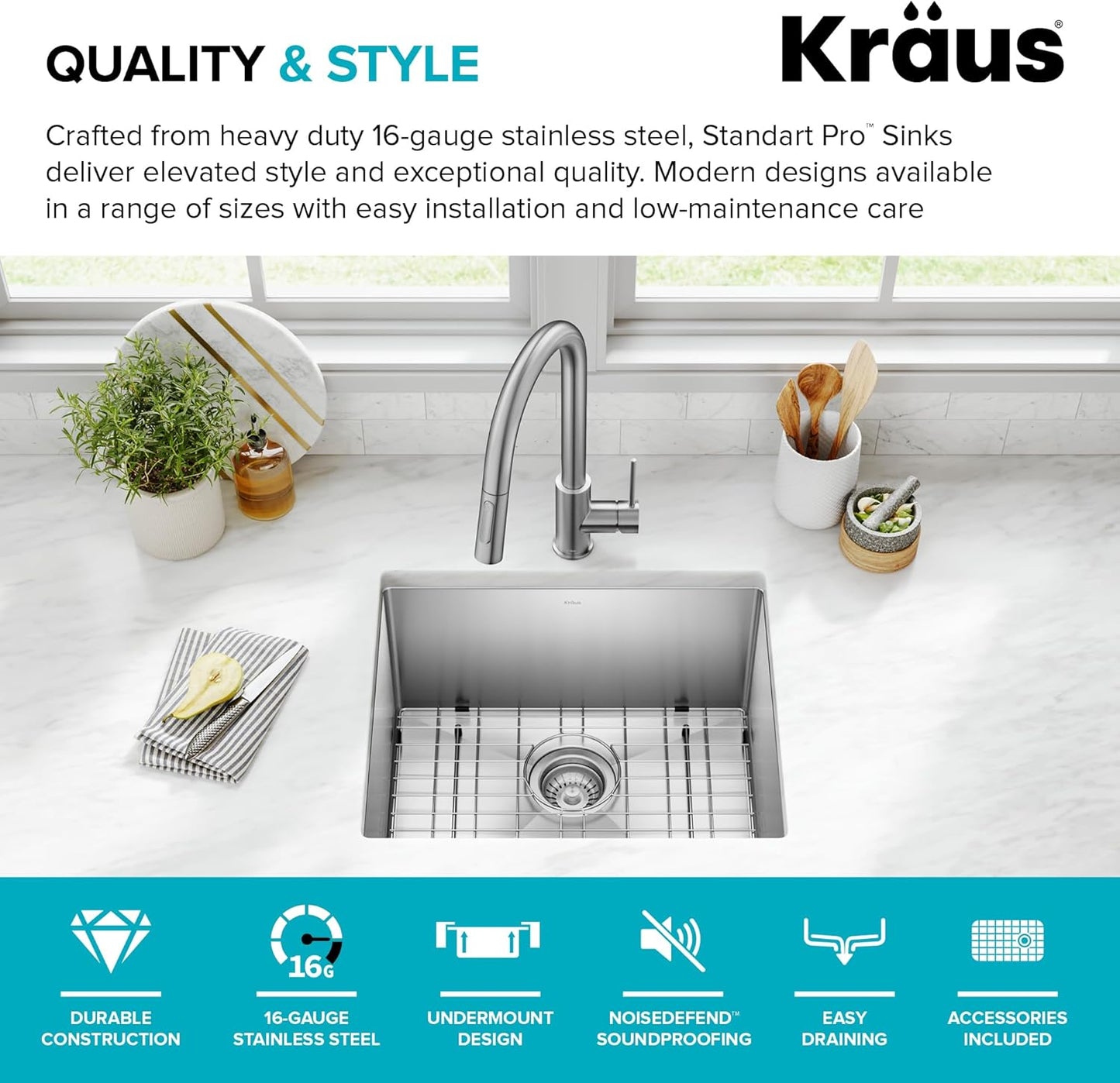 Kraus KHU101-21 Standart PRO 16 Gauge Undermount Single Bowl Set (4 Item Bundle: Sink, Bottom Grid, Drain Assembly, Kitchen Towel), 21 Inch, Stainless Steel