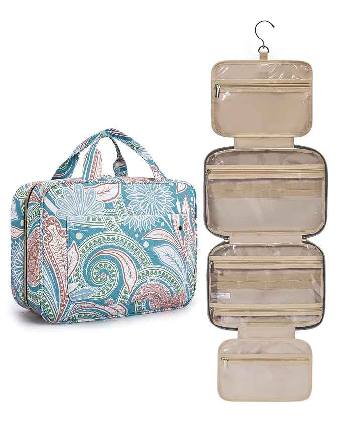 BAGSMART Toiletry Bag Travel Bag with Hanging Hook, Water-resistant Makeup Cosmetic Bag Travel Organizer for Accessories, Shampoo, Full Sized Container, Toiletries (Green Paisley, Large)