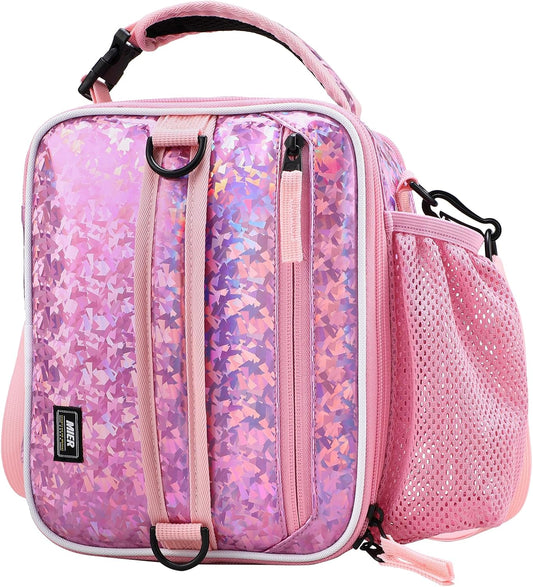 MIER Expandable Lunch Bag Insulated Lunch Box for Teen Girls Women to School Work Travel Portable Lunchbox Bags with Shoulder Strap and Water Bottle Holder(Pink)