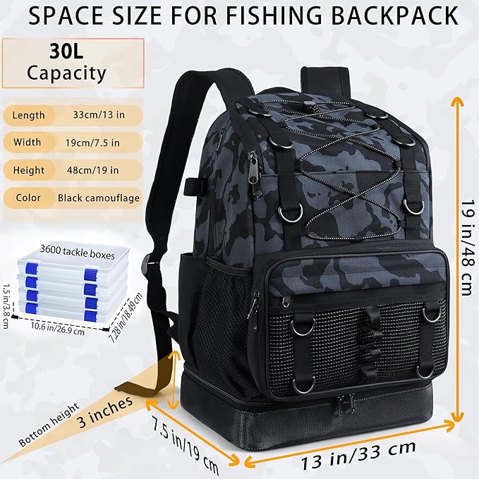 Fishing Backpack with 4 Tackle Boxes, Heavy Duty Fishing Bag with Waterproof Bottom, Tackle Backpack Gifts for Man Woman-Camo Black