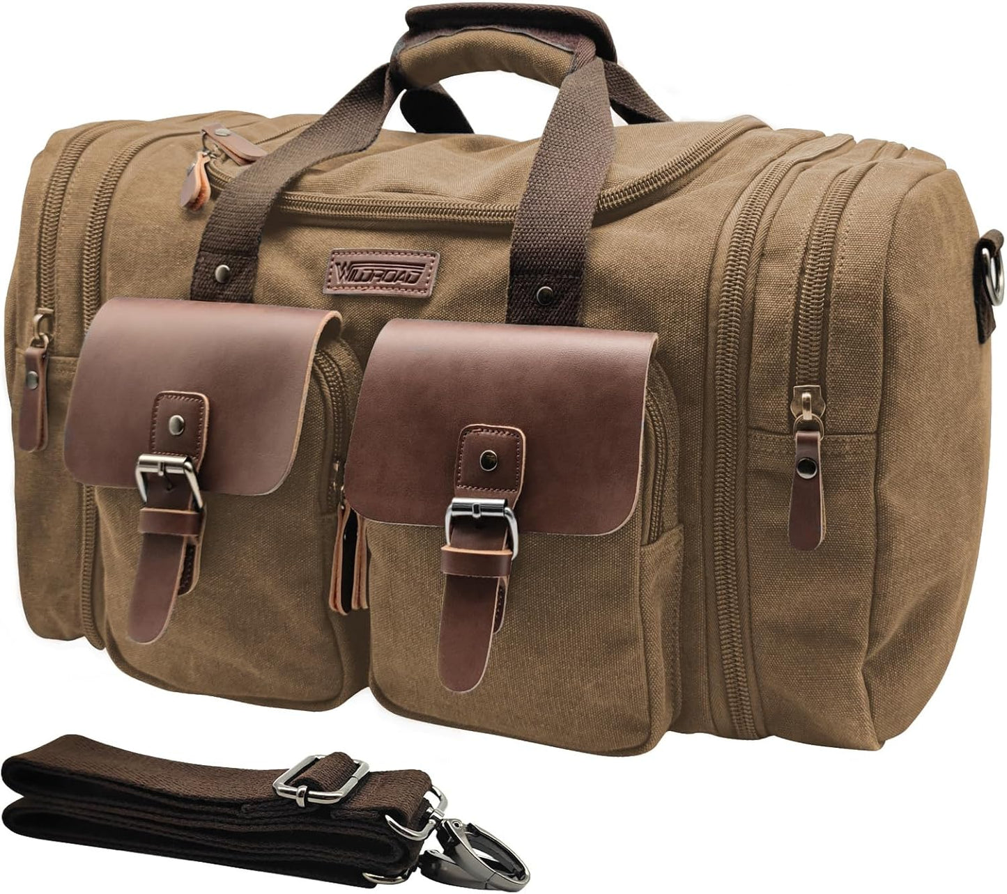 Wildroad 60L Travel Duffel Bag, Expandable Canvas Genuine Leather Duffle Bag Upgraded Overnight Weekender Bag Carry on Bag (Coffee, X Large-60L) - Roamly