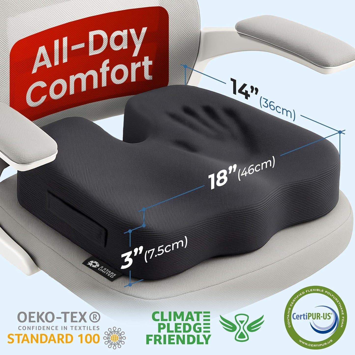 Seat Cushion for Office Chairs - Fits 18"x14" Seats, Tailbone, Coccyx Pain Relief - Butt, Pressure & Sciatica Relief - Gaming, Wheelchair, Car & Desk Pillow, Black