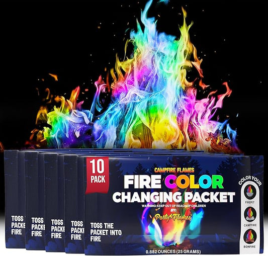 Magic Campfire Fire Color Changing Packets for Fire Pit (10 Pack) Outdoor Fireplaces & Bonfires, Rainbow Colored Flames – Perfect Camping Essential & Accessories for Kids & Adults - Campfire Flames