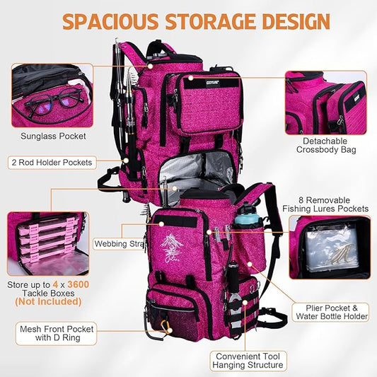 Goture Fishing Backpack, 58L 900D Water-Resistant Insulated Tackle Backpack with Cooler, Rod Holders, 8 Lure Pockets, Detachable Crossbody Bag, Gear Storage Large Fishing Bag for Camping Hiking