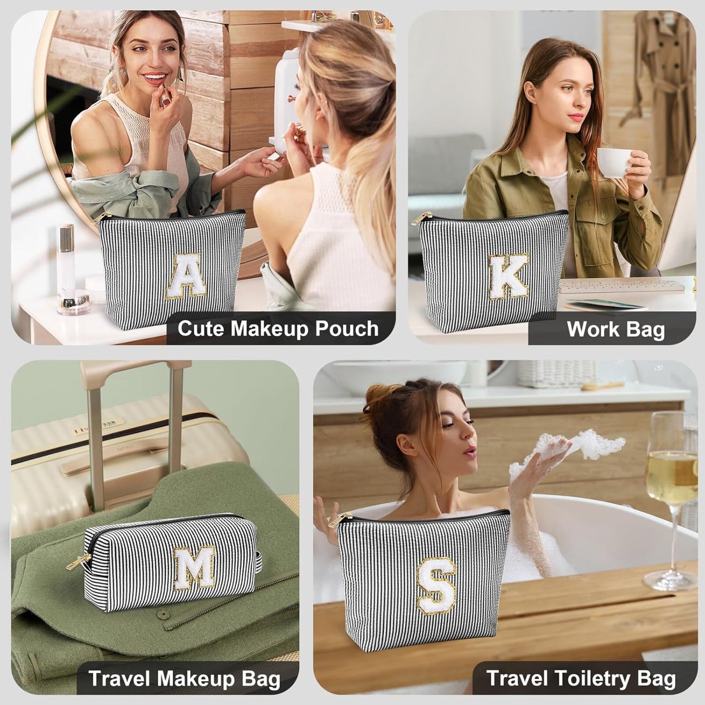 YOOLIFE Travel Makeup Bag Cosmetic Bag - Make Up Bag with Makeup Brush Bag Monogram Makeup Pouch Bag 2 Pieces Cute Makeup Bag Personalized Gifts Best Friend Birthday Gifts for Women Black Letter Y - Roamly