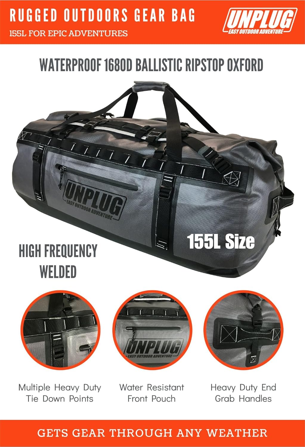 UNPLUG Waterproof Bags for Travel -1680D Heavy Duty Waterproof Duffel Bag for Camping, Motorcycle Dry Bag, Hunting Bag, Bug Out Bag, Waterproof Bags for Boating. Tactical Duffle Bag (155L Storm Grey) - Roamly