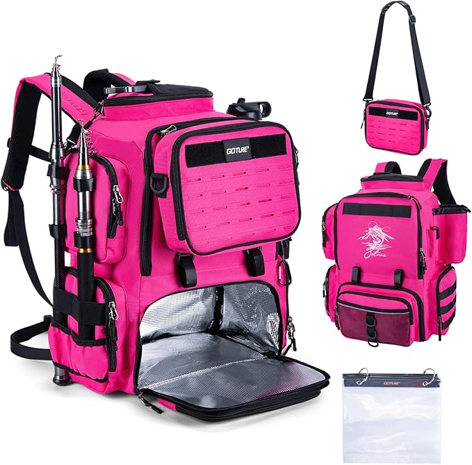 Goture Fishing Backpack, 58L 900D Water-Resistant Insulated Tackle Backpack with Cooler, Rod Holders, 8 Lure Pockets, Detachable Crossbody Bag, Gear Storage Large Fishing Bag for Camping Hiking