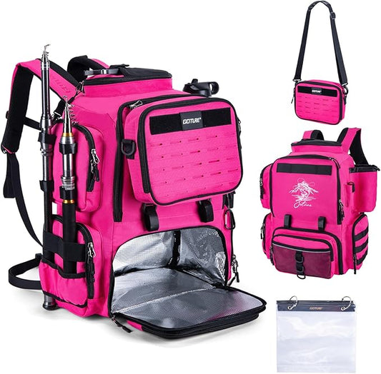 Goture Fishing Backpack, 58L 900D Water-Resistant Insulated Tackle Backpack with Cooler, Rod Holders, 8 Lure Pockets, Detachable Crossbody Bag, Gear Storage Large Fishing Bag for Camping Hiking