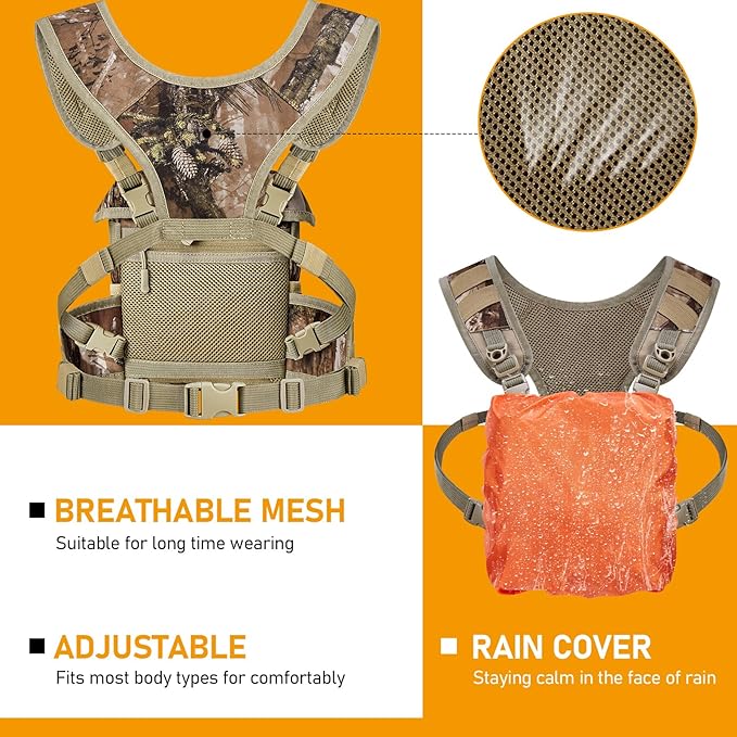 NEW VIEW Binocular Harness Chest Pack, Bino Case with Rangefinder Pouch and Rain Cover, Silent Chest Rig with 8 Pockets for Hunting, Hiking, Bird Watching