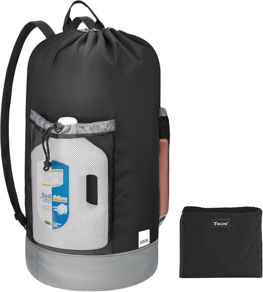 BALEINE 150L Laundry Bag Backpack, 900D Oxford Fabric Large Travel Laundry Bags with Shoulder Straps and 2 Mesh Pockets for College Dorm, Apartment, Laundromat (Black, 150L)