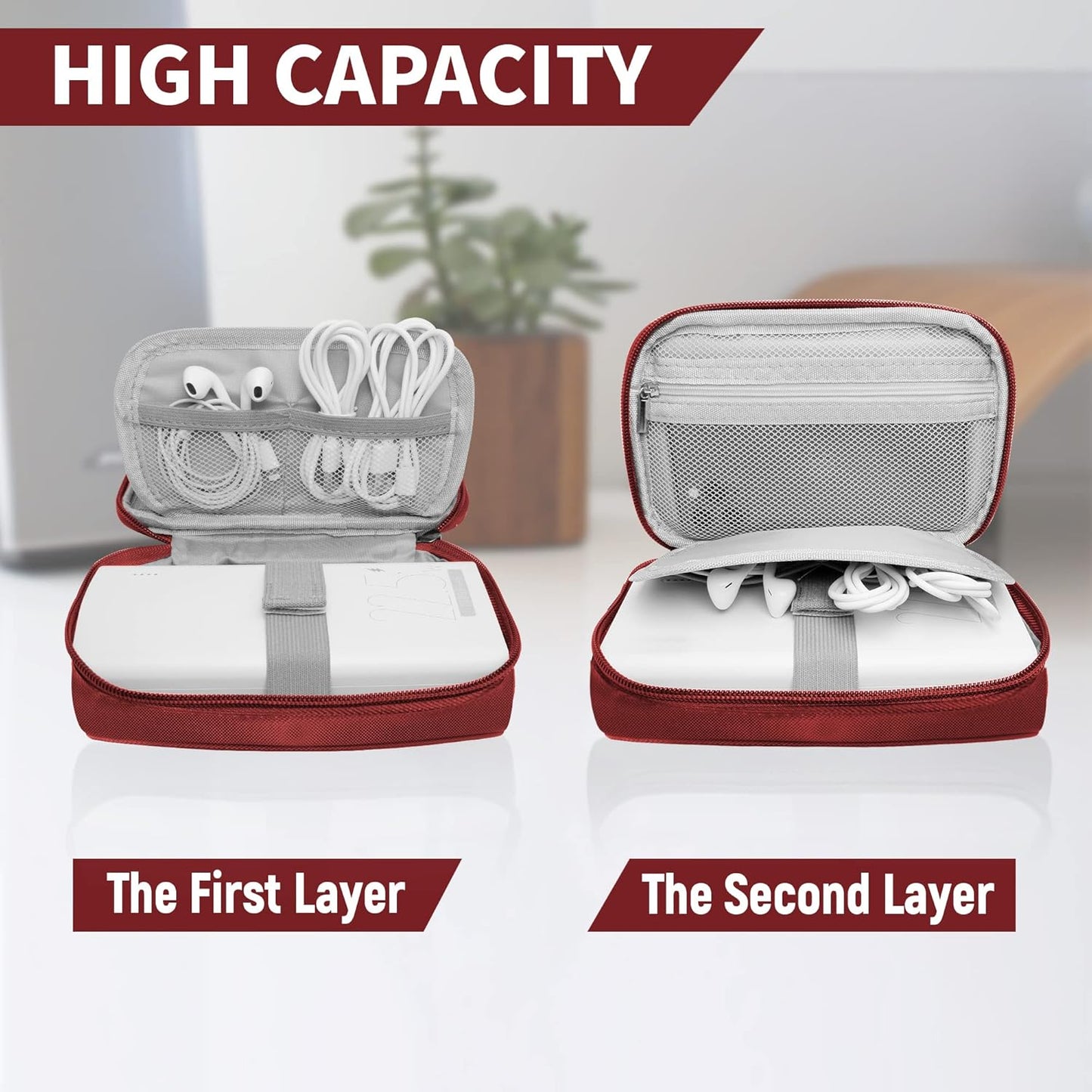 Travel Cable Organizer Bag Pouch Electronic Accessories Carry Case Portable Waterproof All-in-One Storage Bag for Cable,Charger, Phone, Hard Drive，SD Card-Wind Red