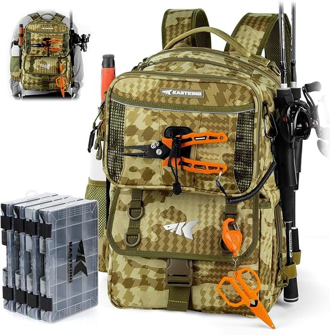 KastKing BaitSpace 50L Fishing Tackle Backpack with Removable Bait Binder,2 Rod Holders Storage Fishing Gear and Equipment