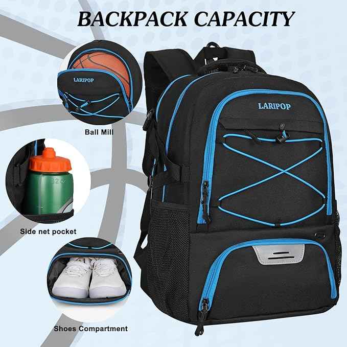 LARIPOP Basketball Backpack Large Basketball Bag with Ball Holder & Shoe Compartment for Youth Adults Men Women