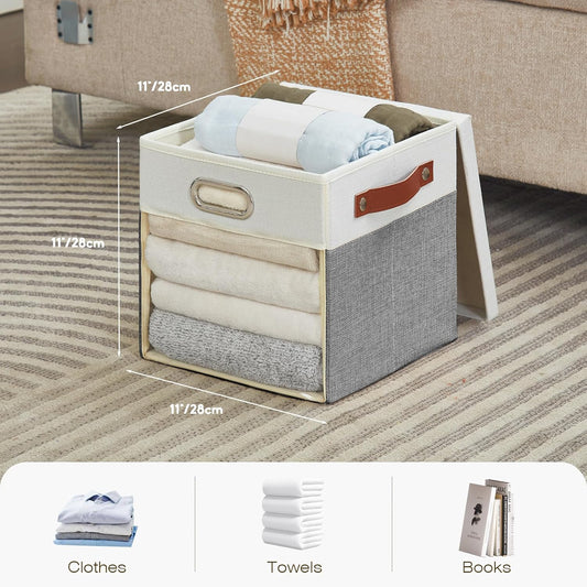 Fabric Storage Cubes with Clear Windows and Lids, 11'' Foldable Storage Bins with 3 Handles, Decorative Storage Boxes for Home, Bedroom, Closet, Office (Gray & White)
