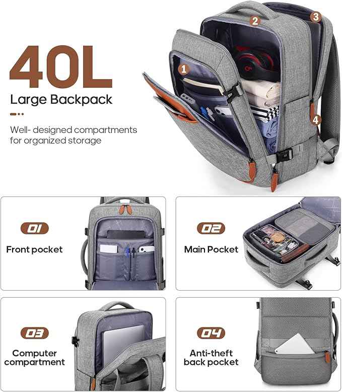 UKEIN Luggage Sets 3 Piece, PC Hardside Large Luggage 24 Inch With Spinner Wheels with TSA Lock, Carry On Suitcase Set With Travel Backpack (Grey, 3 piece set (24inch))