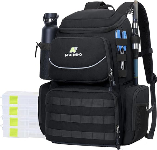 N NEVO RHINO Fishing Tackle Backpack with Rod Holders, 40L Large Fishing Bag with Waterproof Rain Cover,Outdoor Tackle Bag