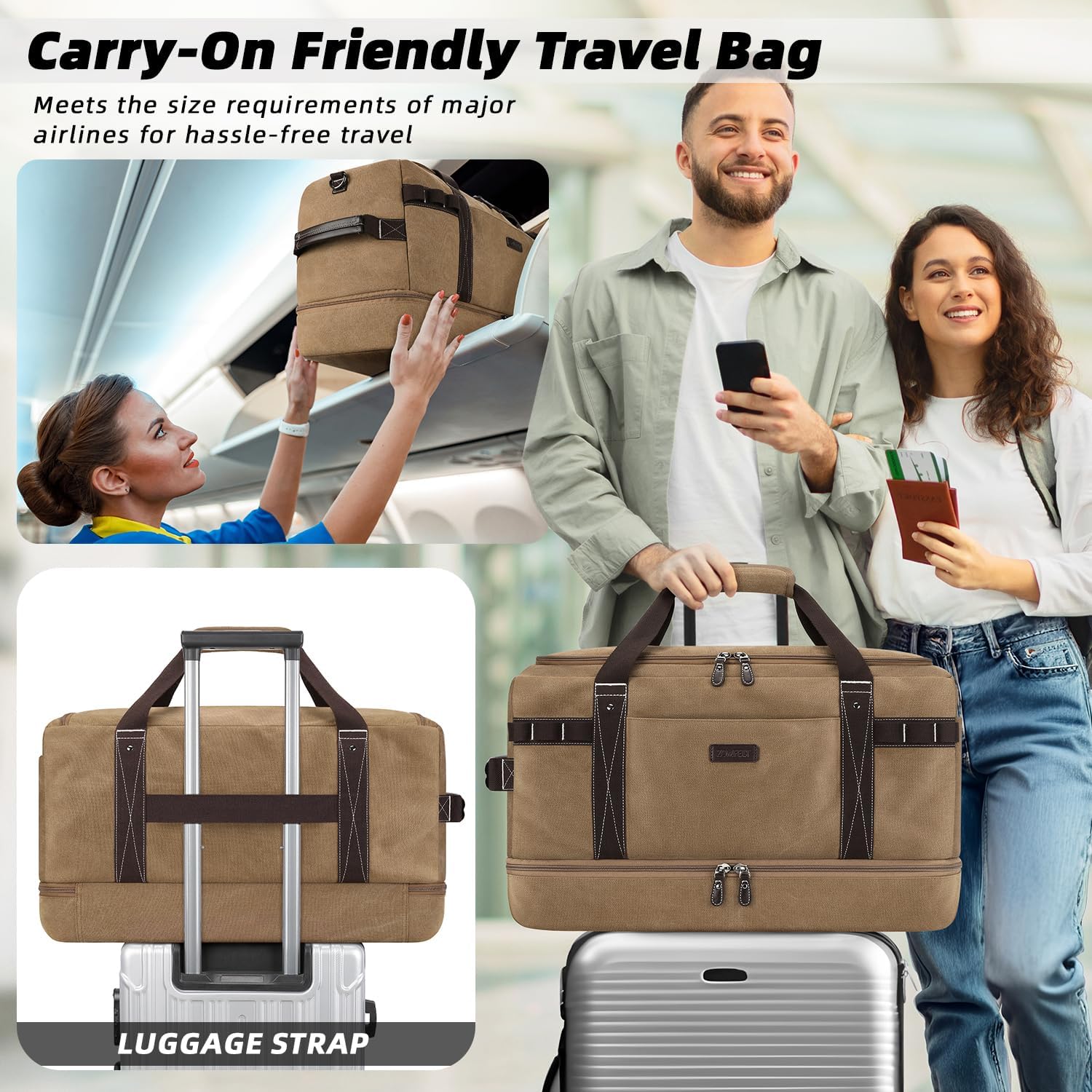 ZOMFELT Travel Duffle Bag for Men, Waterproof Canvas Overnight Duffel Bag with Removable Dividers & Shoe Compartment, Carry On Weekender Gym bag, Multi-Pocket & Vintage Design (Washed Brown) - Roamly