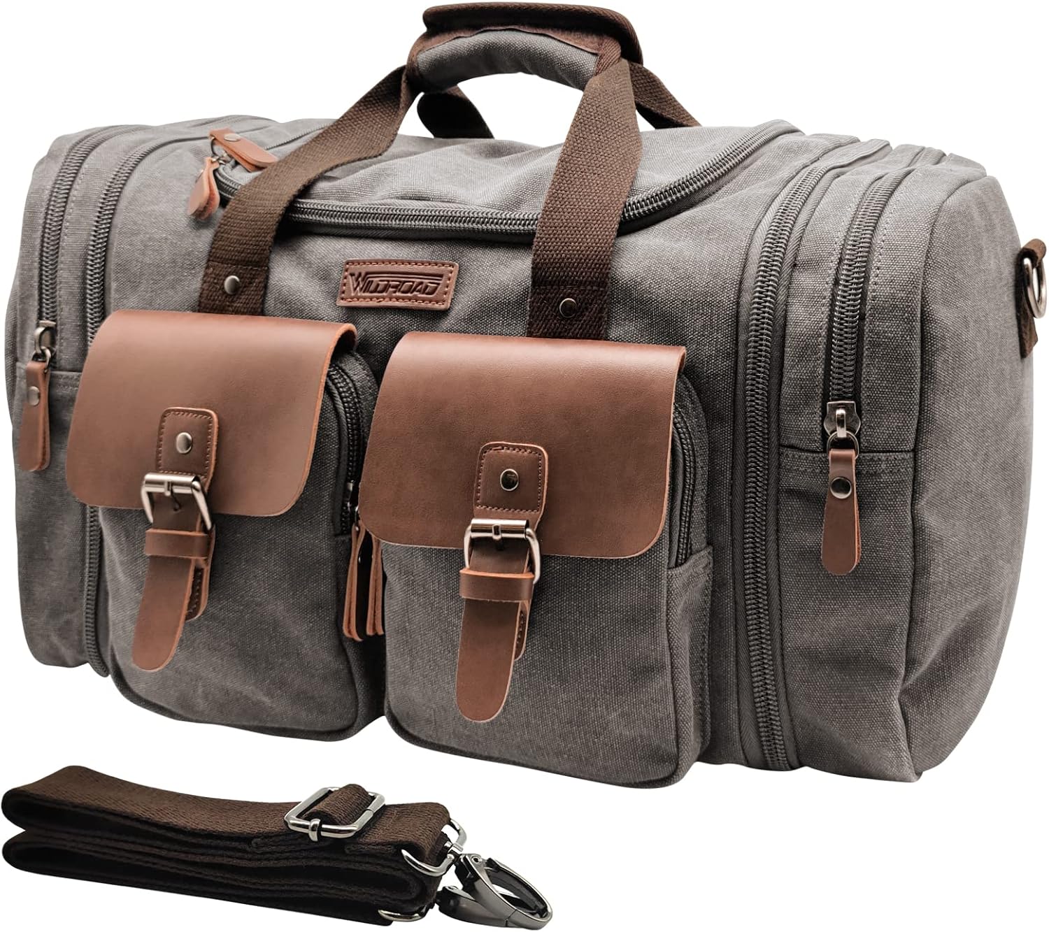 Wildroad 50L Travel Duffel Bag, Expandable Canvas Genuine Leather Duffle Bag Upgraded Overnight Weekender Carry on Bag - Roamly