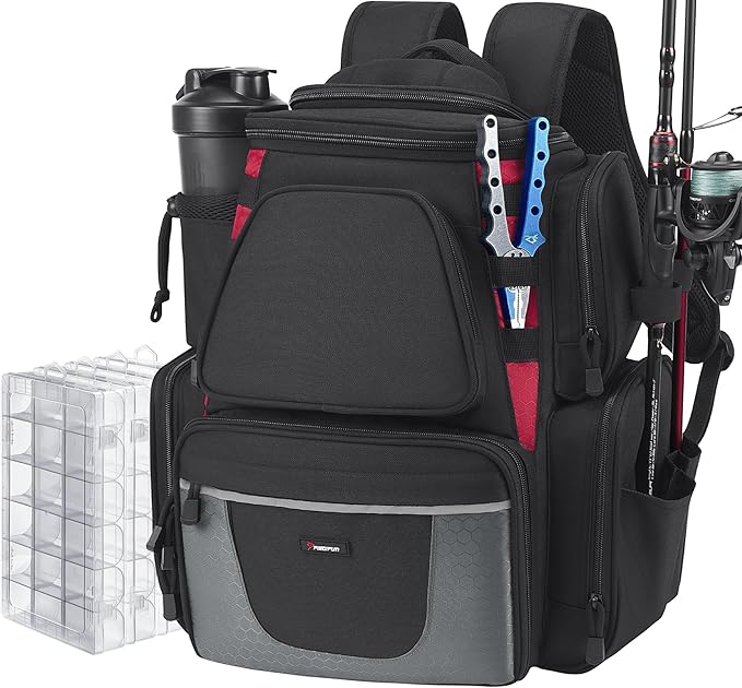 Piscifun Fishing Backpack with 2 Rod Holders & 4 Tackle Boxes, Large Tackle Storage Bag With Rain Cover for Fishing Gear