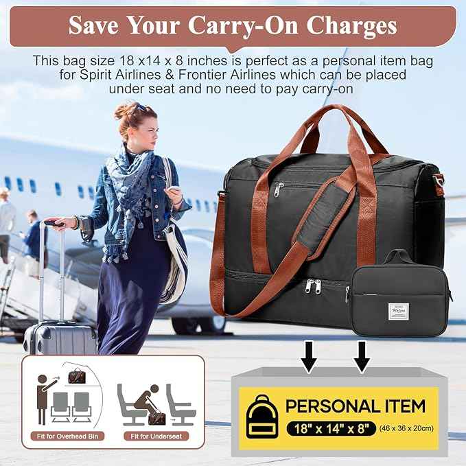 Travel Duffel Bag for Women, Carry-on Overnight Weekender Bags with Wet Pocket & Toiletry Bag, For Spirit Airlines 18x14x8 Personal Item Bag,Small,Black & Brown