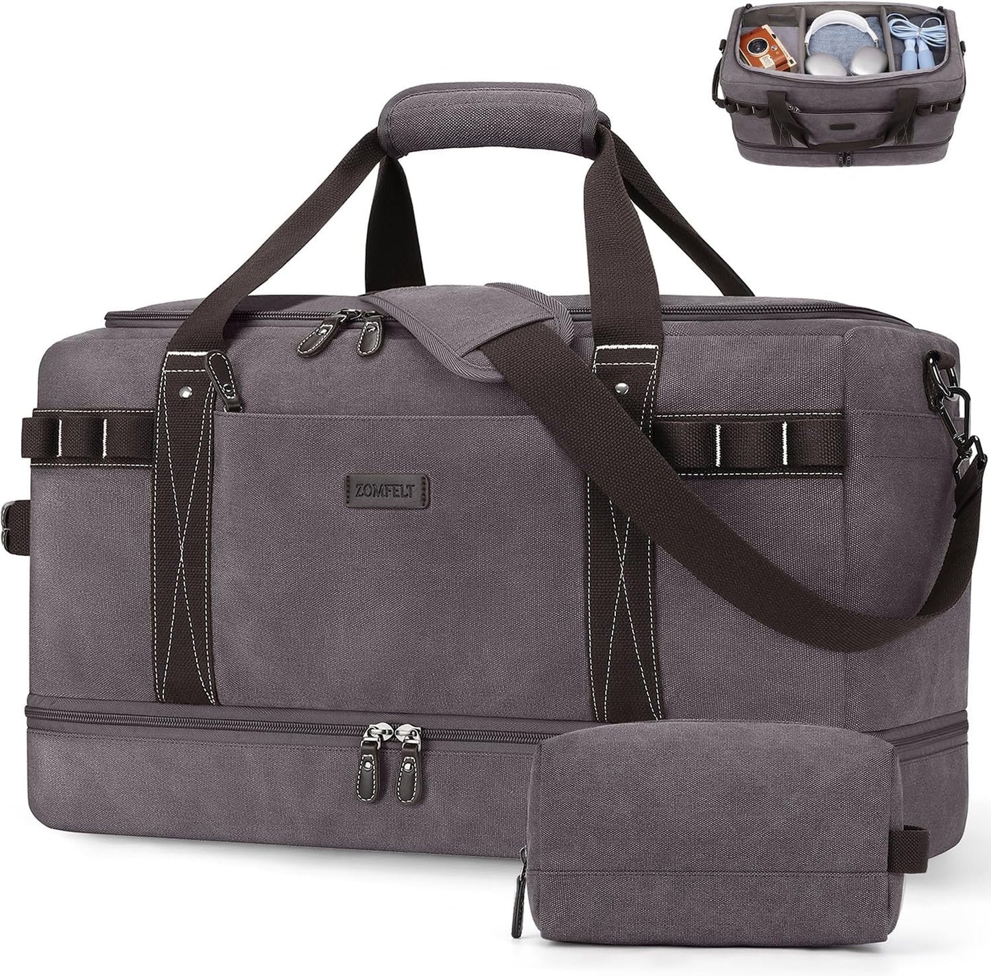 ZOMFELT Travel Duffle Bag for Men Women, Waterproof Canvas Overnight Duffel Bag with Removable Dividers & Shoe Compartment, Carry On Weekender Gym bag, Multi-Pocket & Vintage Design (Washed Grey) - Roamly