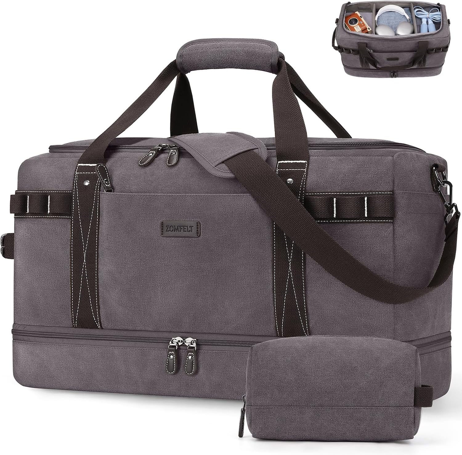 ZOMFELT Travel Duffle Bag for Men Women, Waterproof Canvas Overnight Duffel Bag with Removable Dividers & Shoe Compartment, Carry On Weekender Gym bag, Multi-Pocket & Vintage Design (Washed Grey) - Roamly