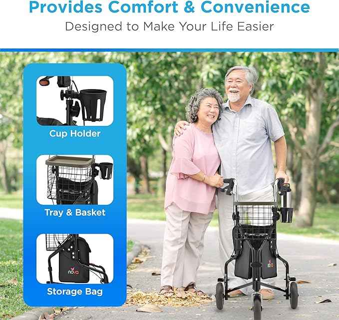 NOVA Traveler Folding 3-Wheel Walker with Tray, Basket, Pouch & Cup Holder, Lightweight Mobility Aid for Seniors & Adults, 8” All-Terrain Wheels for Tight Spaces & Travel, Black