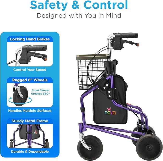 NOVA Traveler Folding 3-Wheel Walker with Tray, Basket, Pouch & Cup Holder, Lightweight Mobility Aid for Seniors & Adults, 8” All-Terrain Wheels for Tight Spaces & Travel, Purple