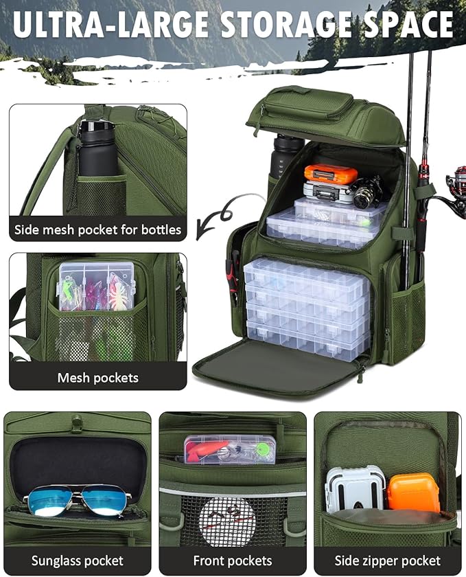 HAMBOLY Fishing Backpack with Tackle Boxes, 50L Fishing Tackle Bag with Cooler & Rod Holders, Waterproof Tackle Bag for Men