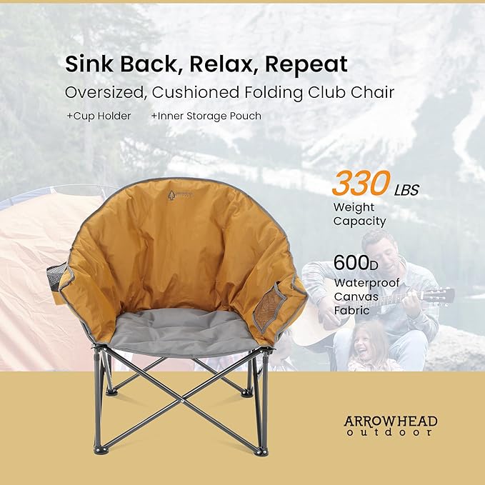 ARROWHEAD OUTDOOR 2-Pack Oversized Heavy-Duty Club Folding Camping Chair w/Pocket, Cup Holder, Portable, Padded, Moon, Round, Saucer, Supports 330lbs